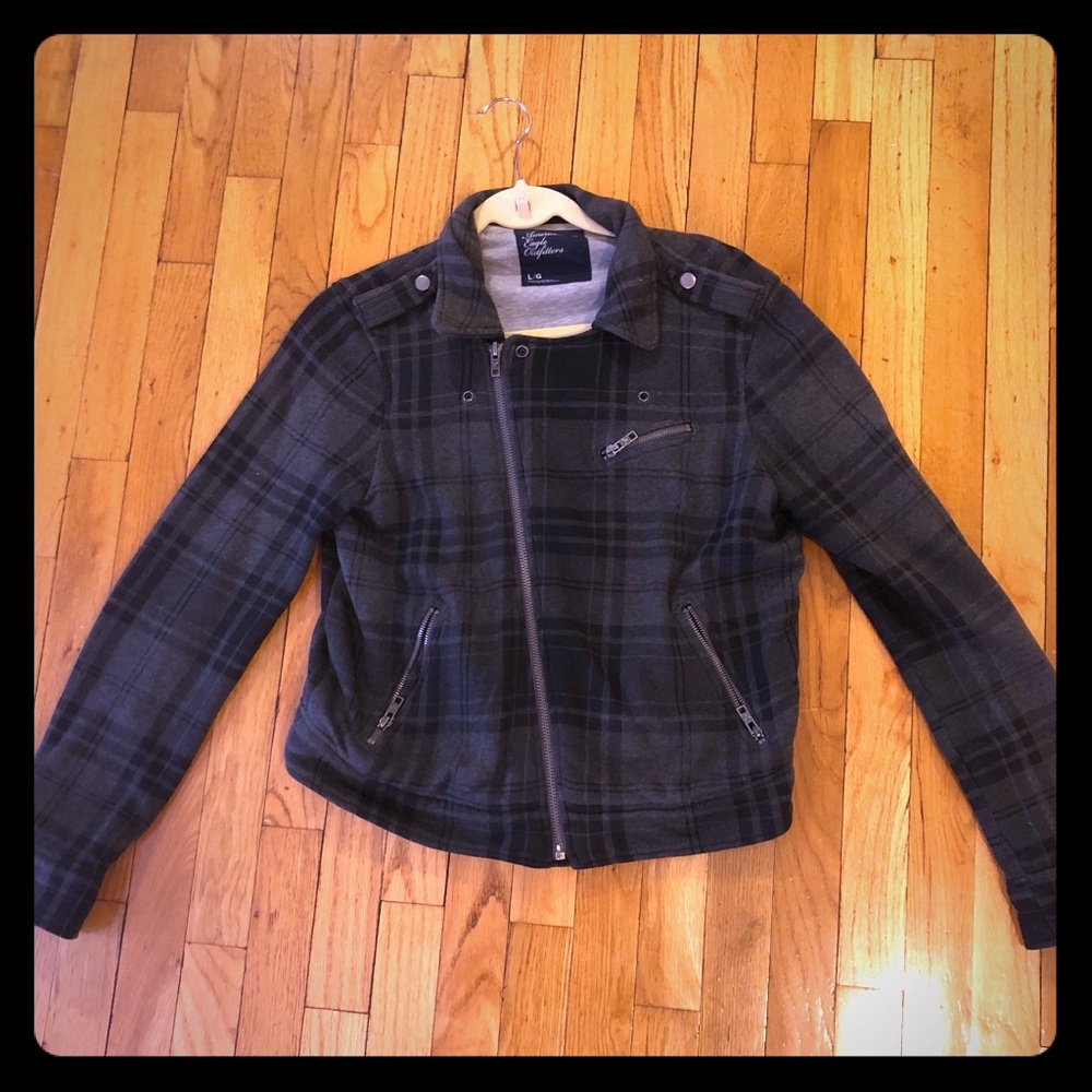 AE black and gray plaid motto jacket